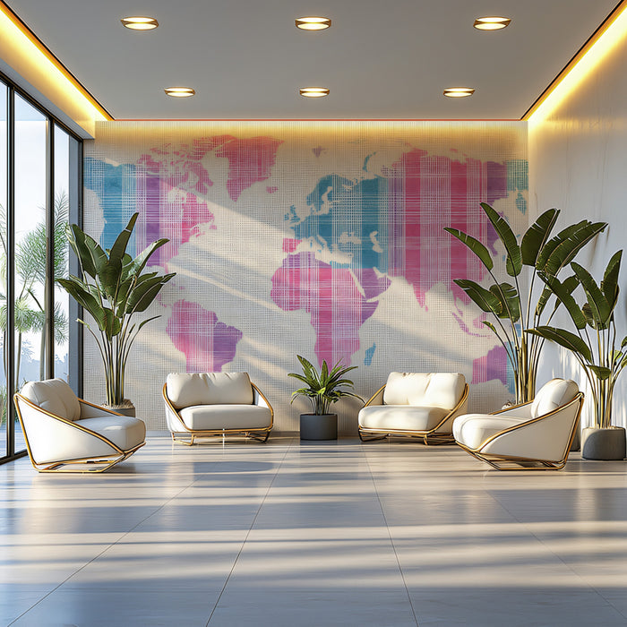 Pastel Plaid World Map Mural Wallpaper | Textile Texture, Pink, Blue, and Purple Tones, Soft Geometric