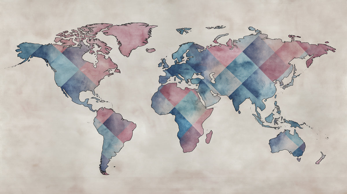Watercolor Argyle World Map Mural Wallpaper | Textile Pattern, Pastel Pink and Blue, Hand-Drawn Cartography