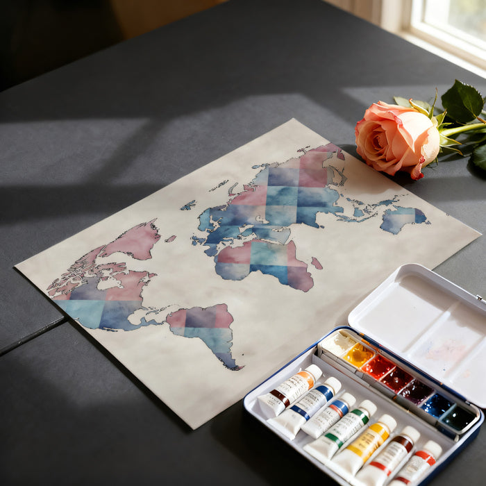 Watercolor Argyle World Map Mural Wallpaper | Textile Pattern, Pastel Pink and Blue, Hand-Drawn Cartography