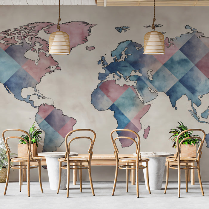 Watercolor Argyle World Map Mural Wallpaper | Textile Pattern, Pastel Pink and Blue, Hand-Drawn Cartography