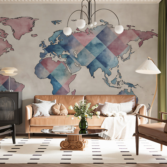 Watercolor Argyle World Map Mural Wallpaper | Textile Pattern, Pastel Pink and Blue, Hand-Drawn Cartography
