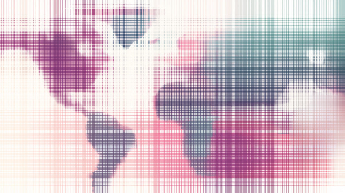 Abstract Plaid Blur World Map Mural Wallpaper | Crosshatch Texture, Magenta and Teal, Geometric Distortion