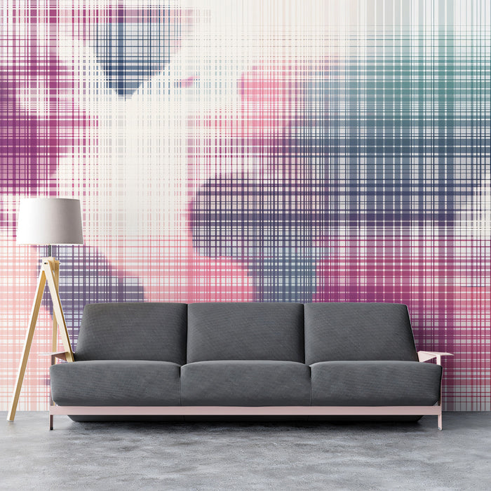 Abstract Plaid Blur World Map Mural Wallpaper | Crosshatch Texture, Magenta and Teal, Geometric Distortion