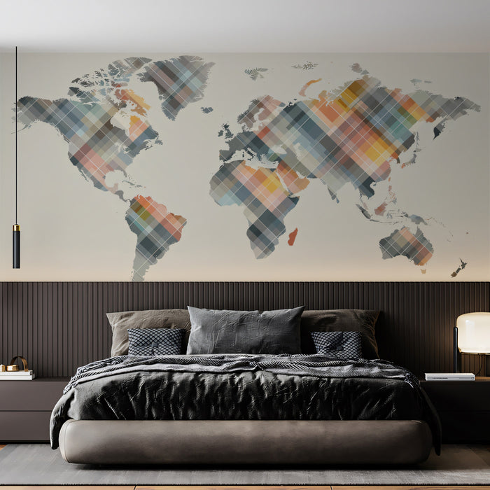 Pixel Diamond World Map Mural Wallpaper | Diagonal Grid, Abstract Earth Tones, Retro Geometric Cartography