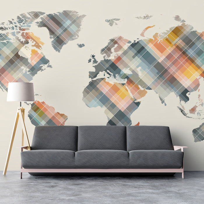 Pixel Diamond World Map Mural Wallpaper | Diagonal Grid, Abstract Earth Tones, Retro Geometric Cartography