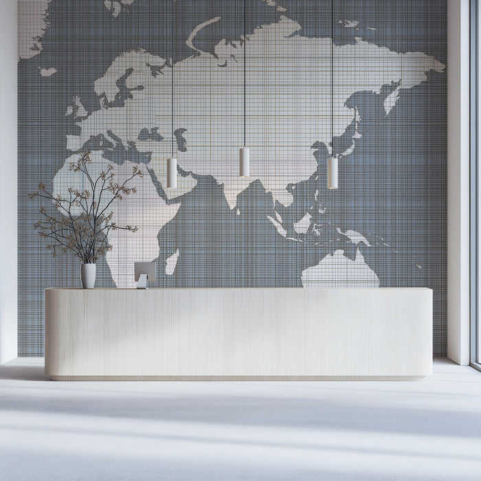 Subtle Linen Grid World Map Mural Wallpaper | Textile Texture, Monochrome Background, Pale Pink Continents