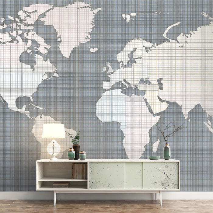 Subtle Linen Grid World Map Mural Wallpaper | Textile Texture, Monochrome Background, Pale Pink Continents