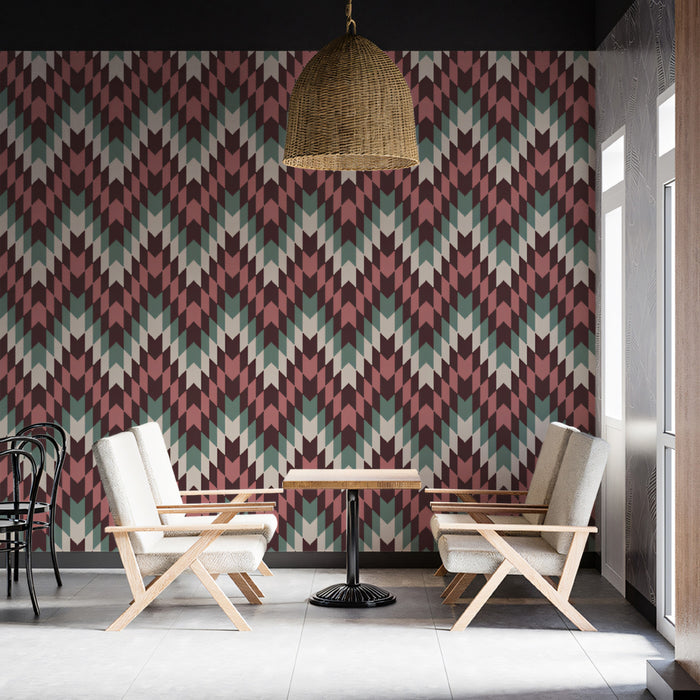 Geometric Chevron Knit Mural Wallpaper | Repeating Pattern, Teal and Maroon, Cozy Texture Motif