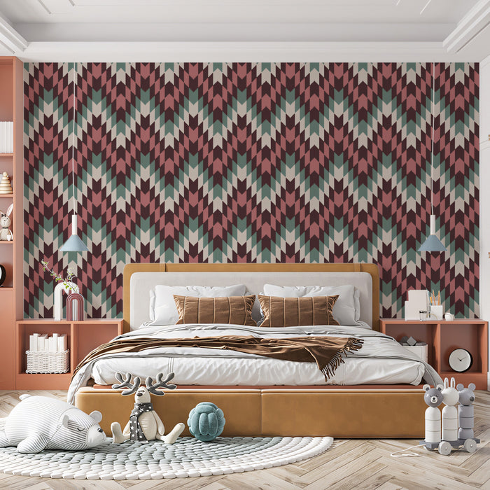 Geometric Chevron Knit Mural Wallpaper | Repeating Pattern, Teal and Maroon, Cozy Texture Motif