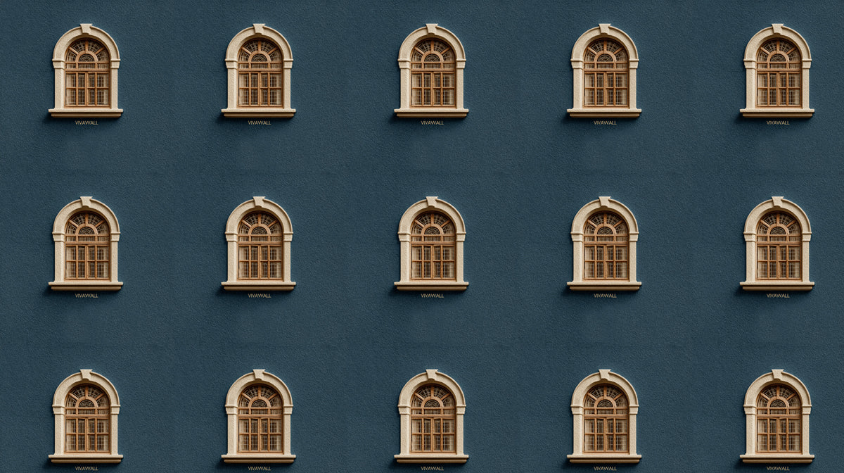 Minimalist Arch Window Repeat Mural Wallpaper | Symmetrical Pattern, Deep Navy Backdrop, Architectural Motif