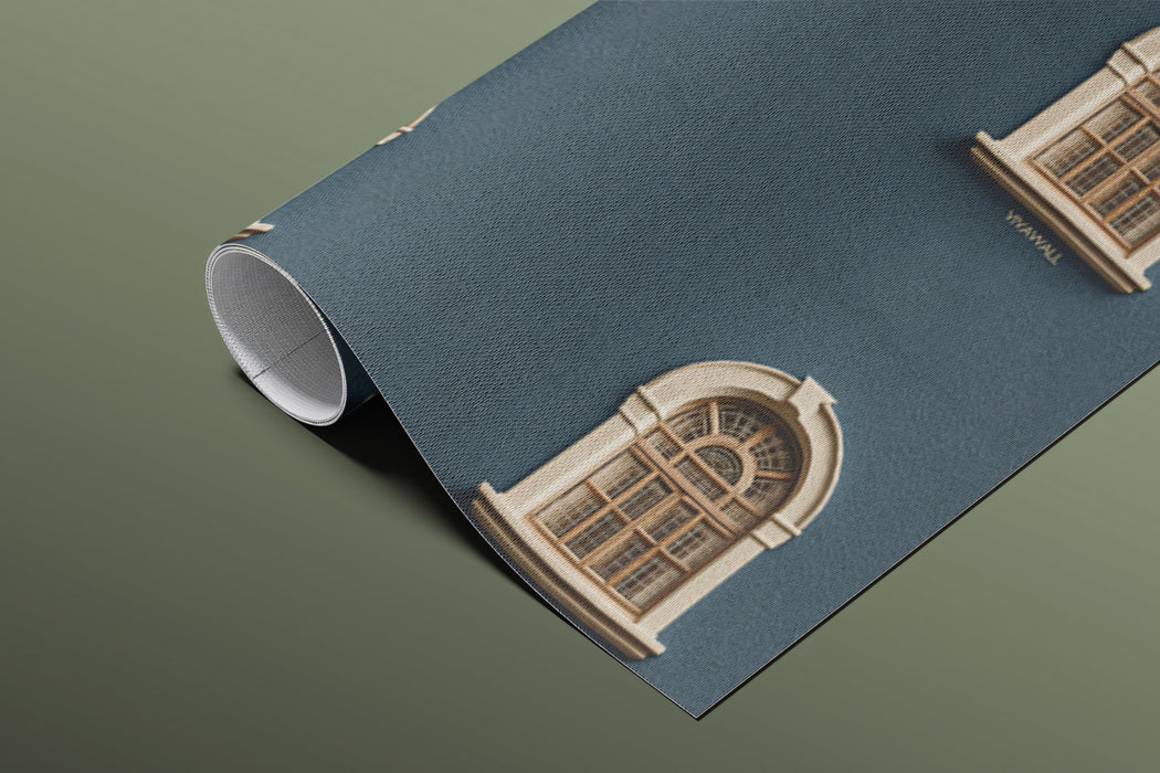 Minimalist Arch Window Repeat Mural Wallpaper | Symmetrical Pattern, Deep Navy Backdrop, Architectural Motif