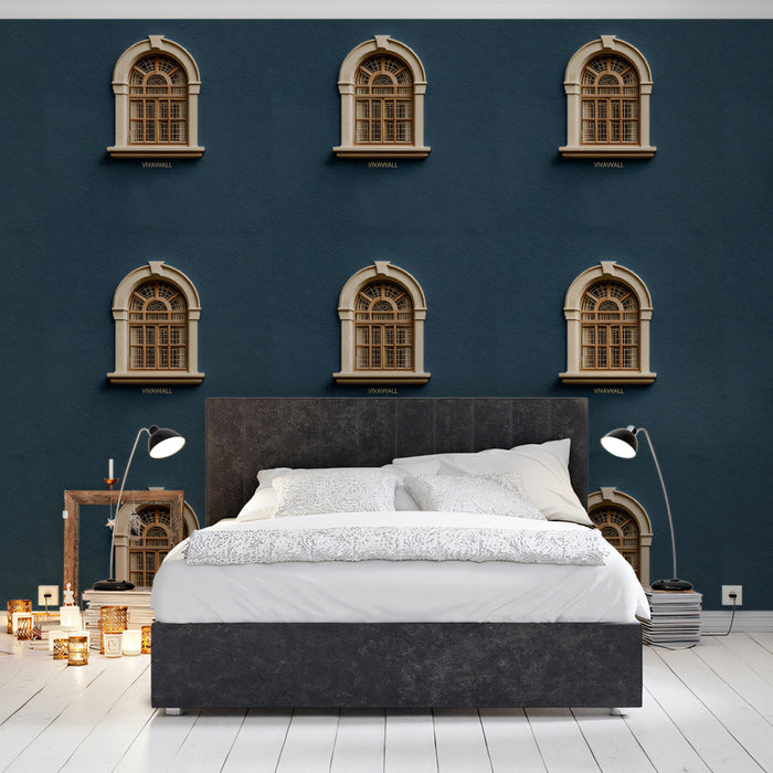 Minimalist Arch Window Repeat Mural Wallpaper | Symmetrical Pattern, Deep Navy Backdrop, Architectural Motif