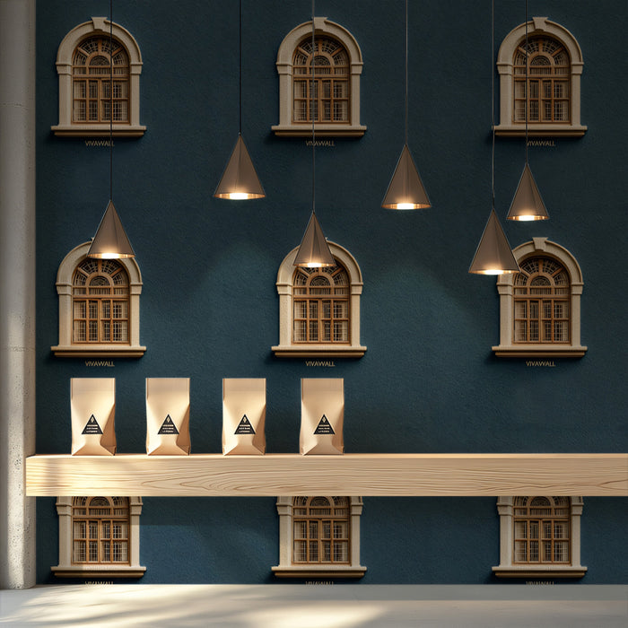 Minimalist Arch Window Repeat Mural Wallpaper | Symmetrical Pattern, Deep Navy Backdrop, Architectural Motif