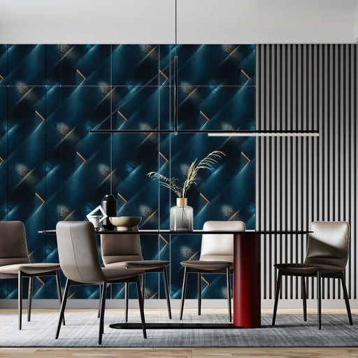 Dining room with a modern table and chairs against a geometric patterned wall.