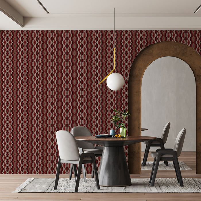 Traditional Diamond Knit Mural Wallpaper | Repeating Pattern, Maroon and Beige, Cozy Textile Texture