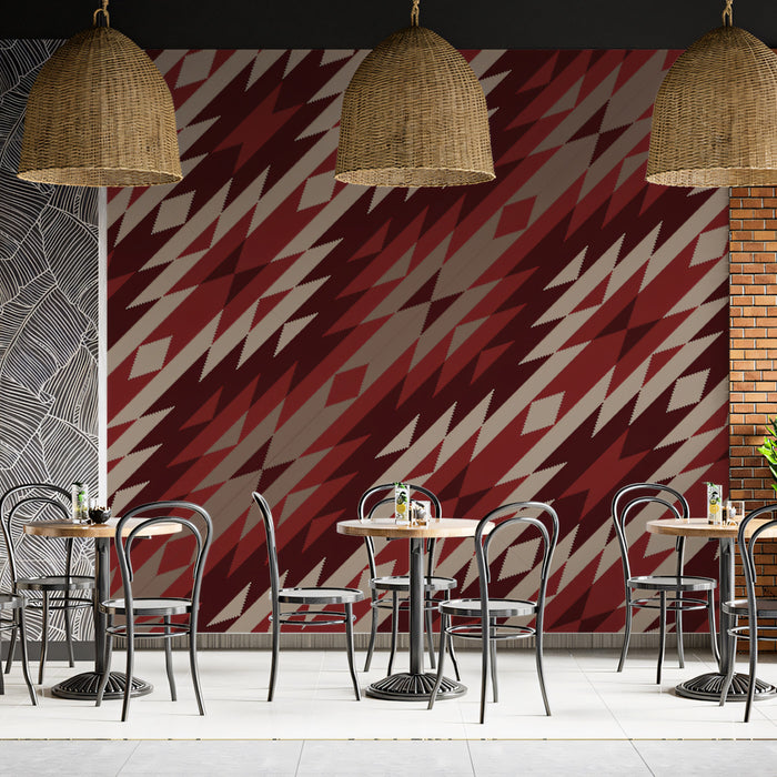 Diagonal Geometric Ikat Mural Wallpaper | Repeating Print, Red and Maroon Zigzags, Dynamic Textile Texture