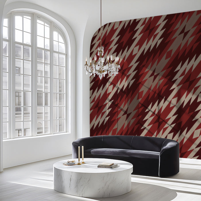 Diagonal Geometric Ikat Mural Wallpaper | Repeating Print, Red and Maroon Zigzags, Dynamic Textile Texture