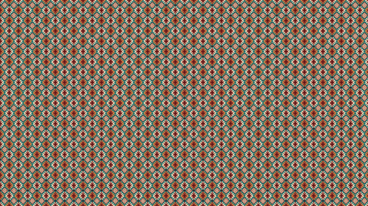 Micro Geometric Tribal Pattern Mural Wallpaper | Repeating Print, Teal, Red, and Tan, Intricate Weave