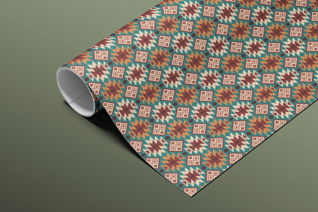 Micro Geometric Tribal Pattern Mural Wallpaper | Repeating Print, Teal, Red, and Tan, Intricate Weave