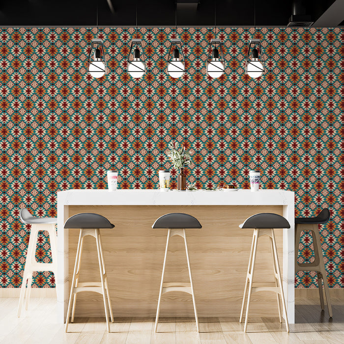 Micro Geometric Tribal Pattern Mural Wallpaper | Repeating Print, Teal, Red, and Tan, Intricate Weave