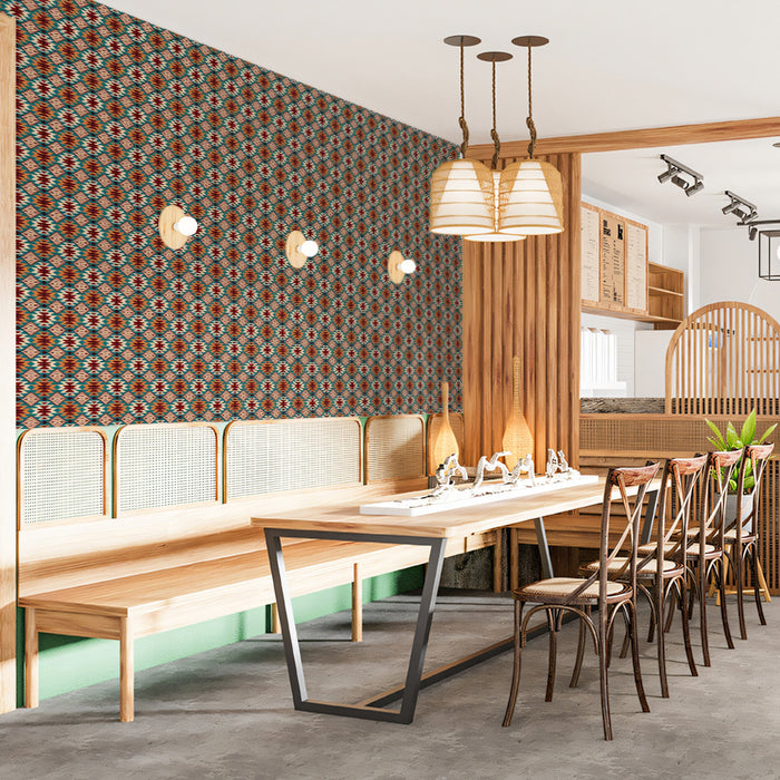 Micro Geometric Tribal Pattern Mural Wallpaper | Repeating Print, Teal, Red, and Tan, Intricate Weave