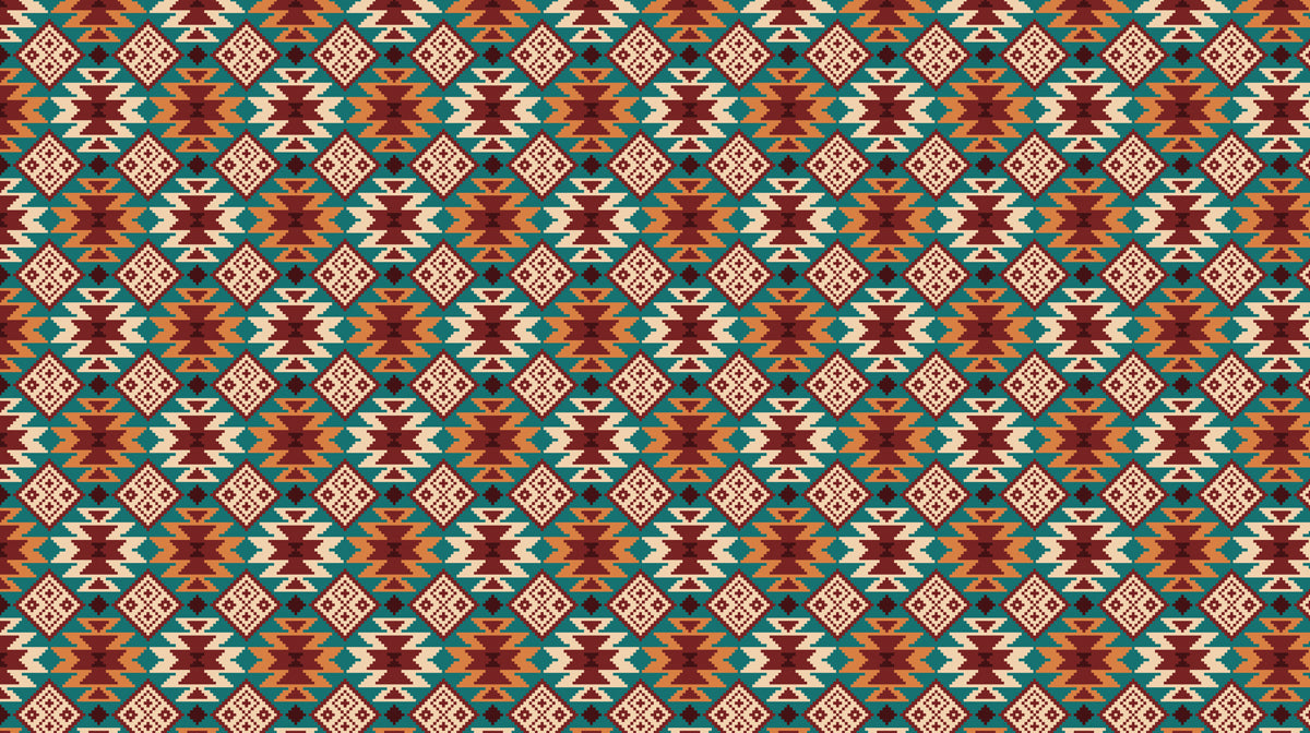 Southwest Diamond Medallion Mural Wallpaper | Repeating Print, Rich Teal and Orange, Ethnic Geometric Motif
