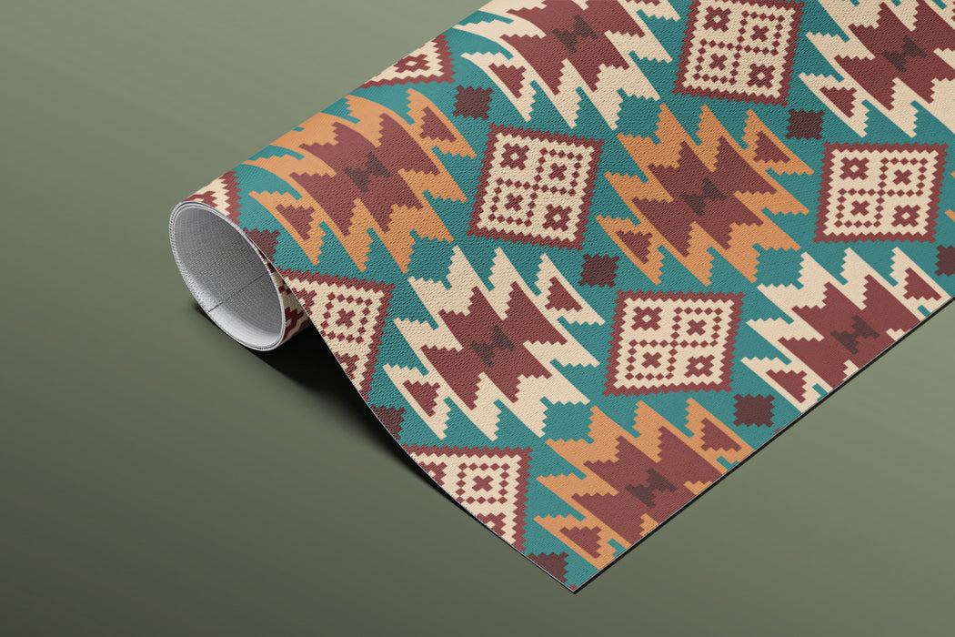 Southwest Diamond Medallion Mural Wallpaper | Repeating Print, Rich Teal and Orange, Ethnic Geometric Motif