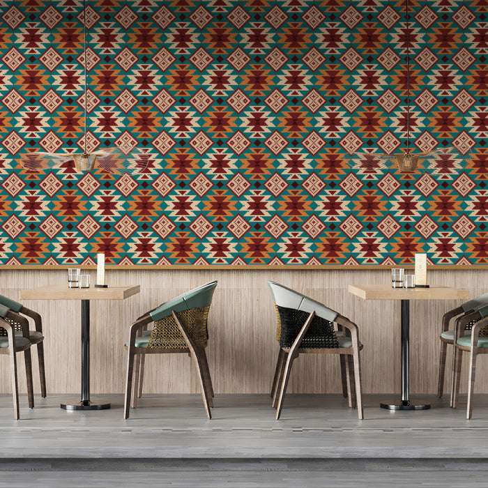 Southwest Diamond Medallion Mural Wallpaper | Repeating Print, Rich Teal and Orange, Ethnic Geometric Motif