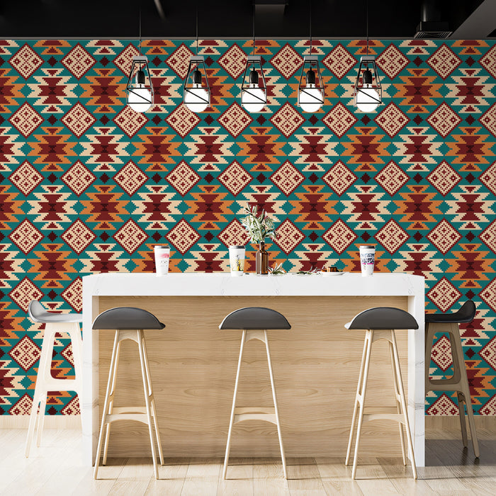 Southwest Diamond Medallion Mural Wallpaper | Repeating Print, Rich Teal and Orange, Ethnic Geometric Motif