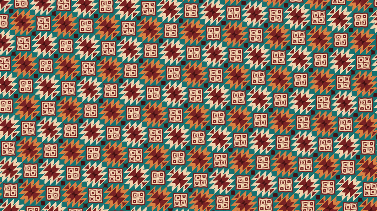 Abstract Houndstooth Tile Mural Wallpaper | Repeating Print, Teal, Orange, and Maroon, Complex Geometric