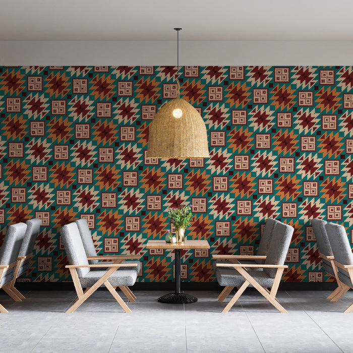 Abstract Houndstooth Tile Mural Wallpaper | Repeating Print, Teal, Orange, and Maroon, Complex Geometric