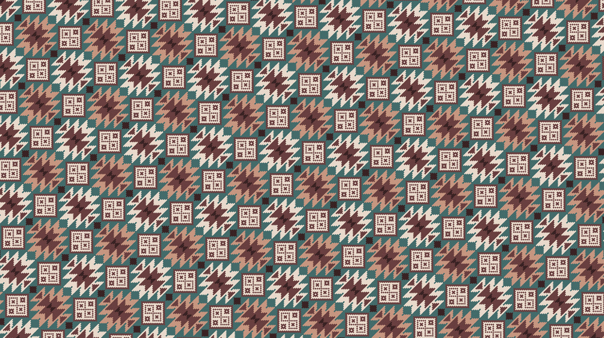 Geometric Houndstooth Repeat Mural Wallpaper | Repeating Print, Teal, Maroon, and Tan, Woven Texture Motif