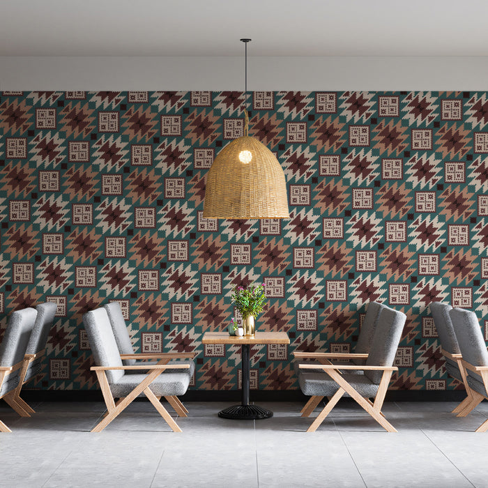 Geometric Houndstooth Repeat Mural Wallpaper | Repeating Print, Teal, Maroon, and Tan, Woven Texture Motif