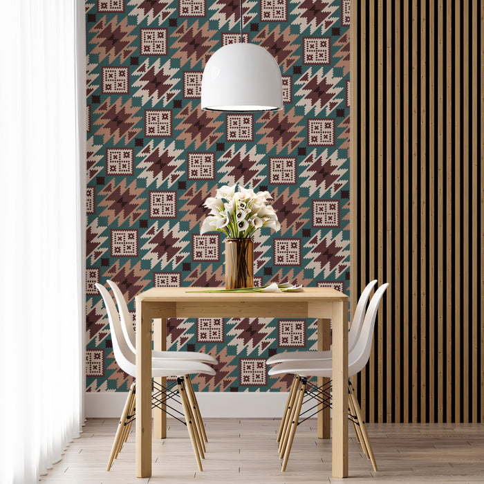 Geometric Houndstooth Repeat Mural Wallpaper | Repeating Print, Teal, Maroon, and Tan, Woven Texture Motif