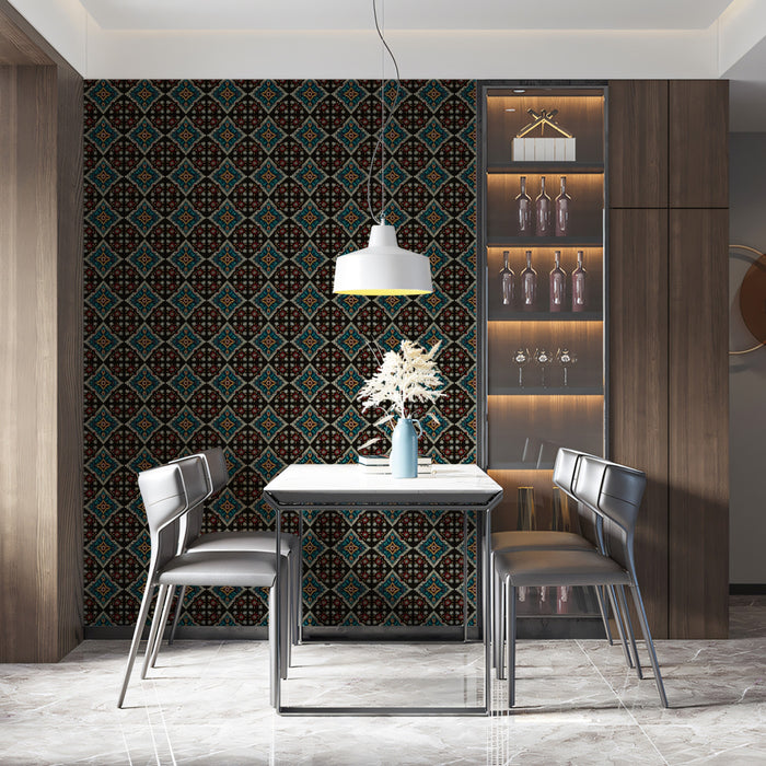 Dark Moroccan Tile Repeat Mural Wallpaper | Repeating Print, Black Background, Intricate Geometric Motif