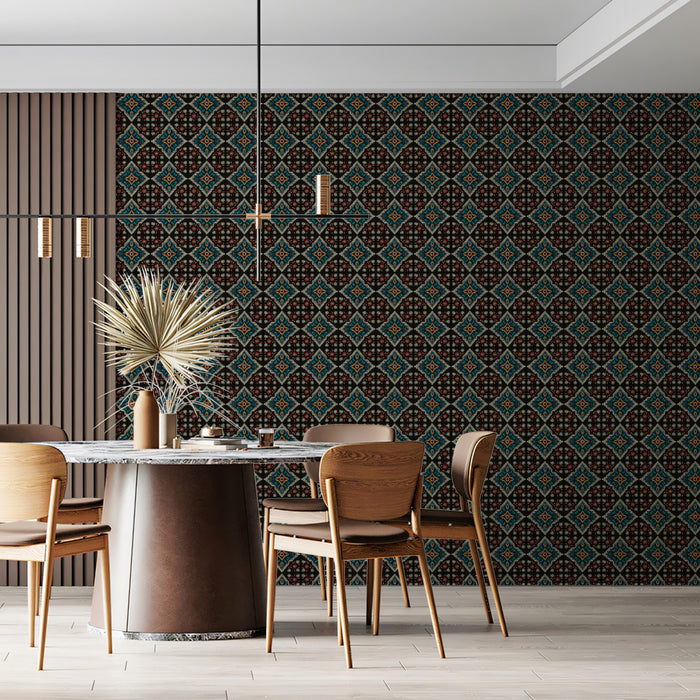 Dark Moroccan Tile Repeat Mural Wallpaper | Repeating Print, Black Background, Intricate Geometric Motif