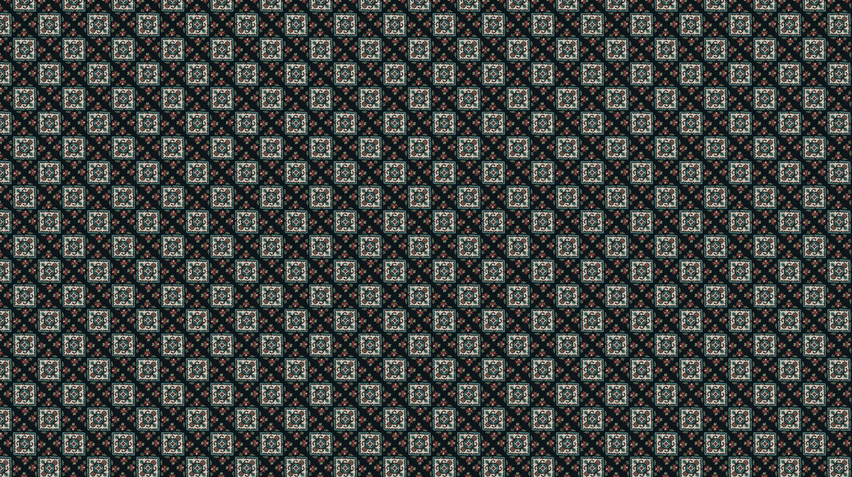 Dark Mosaic Diamond Repeat Mural Wallpaper | Repeating Print, Intricate Folk Motif, Subtle Teal and Red Accents