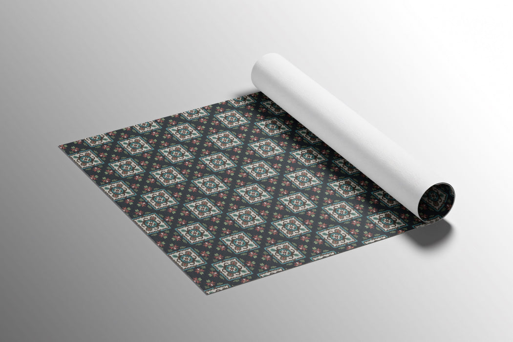 Dark Mosaic Diamond Repeat Mural Wallpaper | Repeating Print, Intricate Folk Motif, Subtle Teal and Red Accents