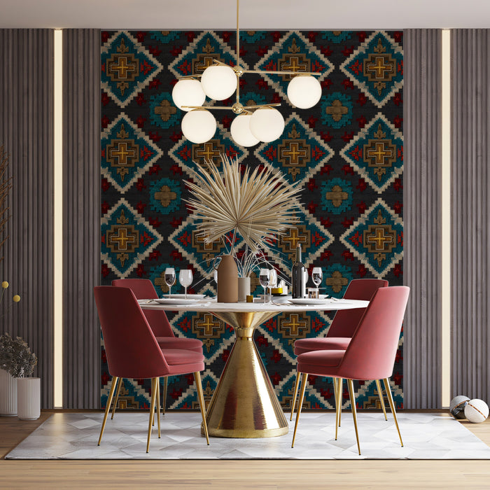 Geometric Diamond Brocade Mural Wallpaper | Repeating Print, Dark Jewel Tones, Traditional Textile Motif