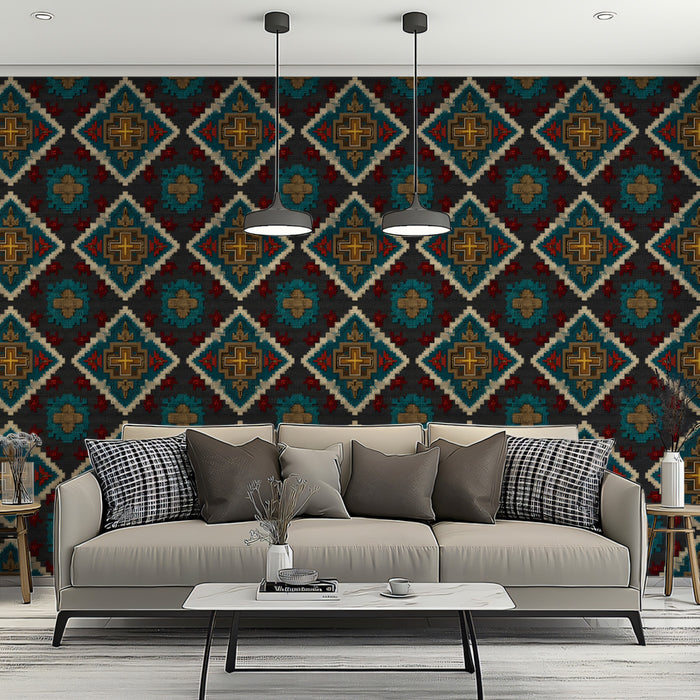 Geometric Diamond Brocade Mural Wallpaper | Repeating Print, Dark Jewel Tones, Traditional Textile Motif