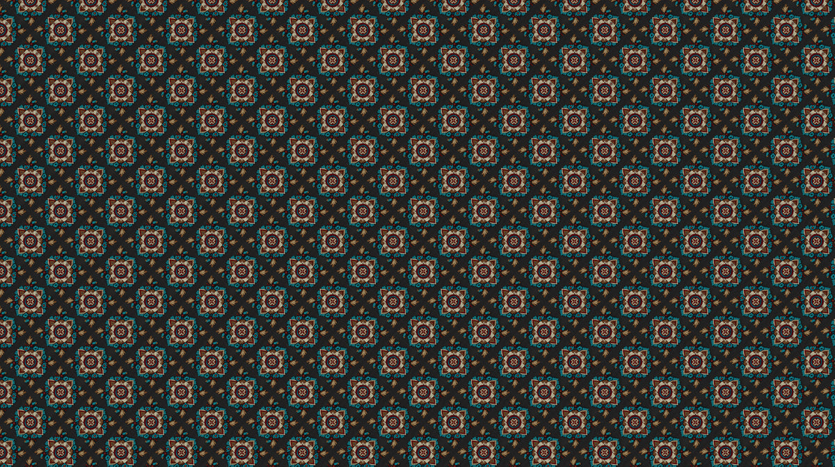 Micro Floral Geometric Pattern Mural Wallpaper | Repeating Print, Dark Background, Subtle Teal and Red Hues