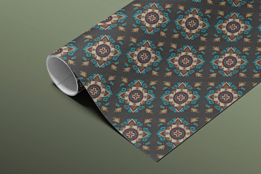 Micro Floral Geometric Pattern Mural Wallpaper | Repeating Print, Dark Background, Subtle Teal and Red Hues