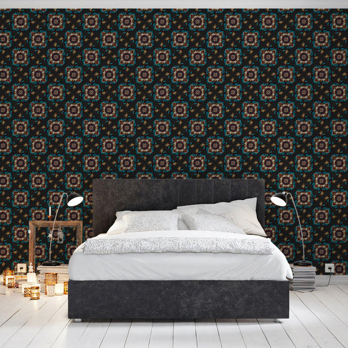 Micro Floral Geometric Pattern Mural Wallpaper | Repeating Print, Dark Background, Subtle Teal and Red Hues