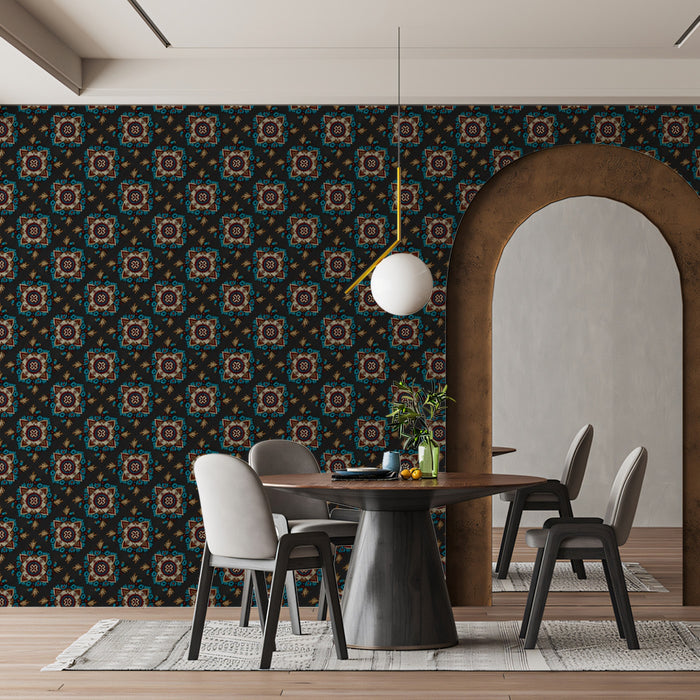 Micro Floral Geometric Pattern Mural Wallpaper | Repeating Print, Dark Background, Subtle Teal and Red Hues