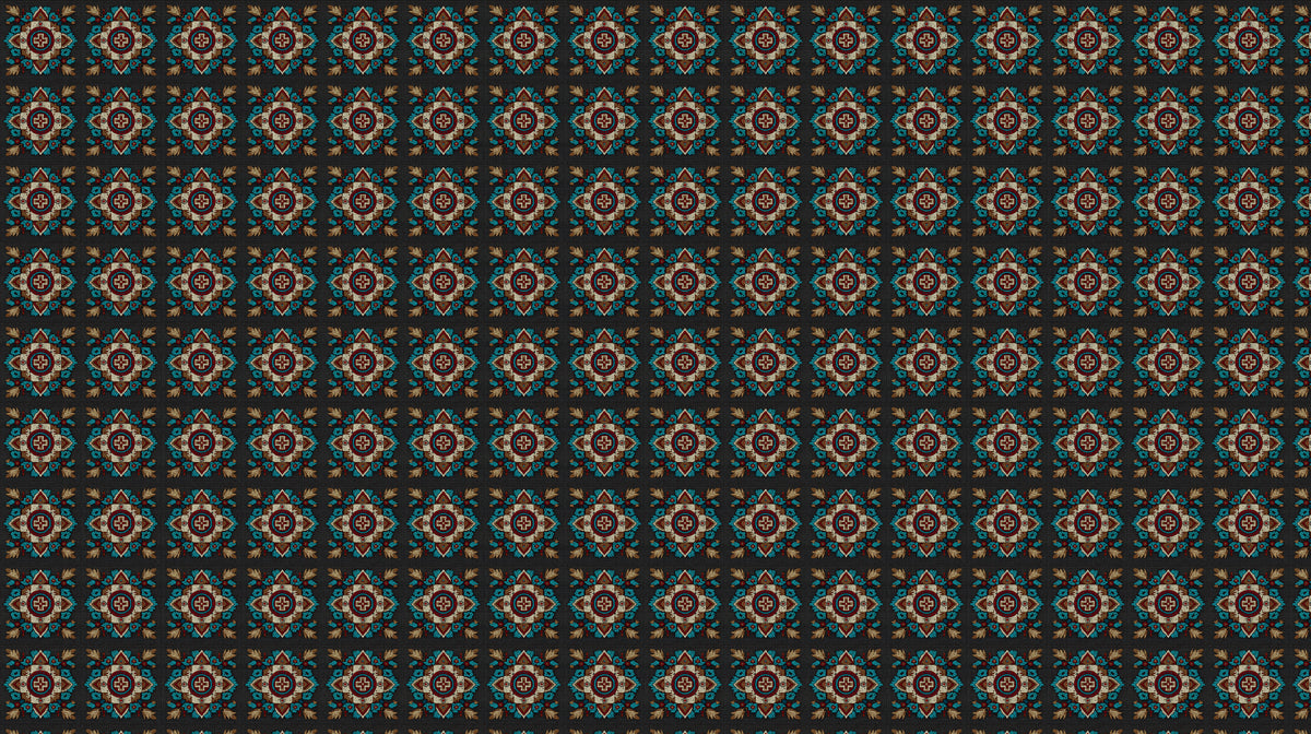 Horizontal Row Floral Geometric Mural Wallpaper | Repeating Print, Dark Backdrop, Traditional Motif Texture