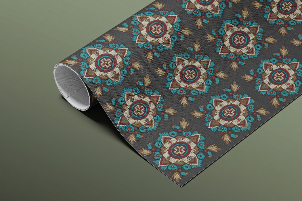 Horizontal Row Floral Geometric Mural Wallpaper | Repeating Print, Dark Backdrop, Traditional Motif Texture