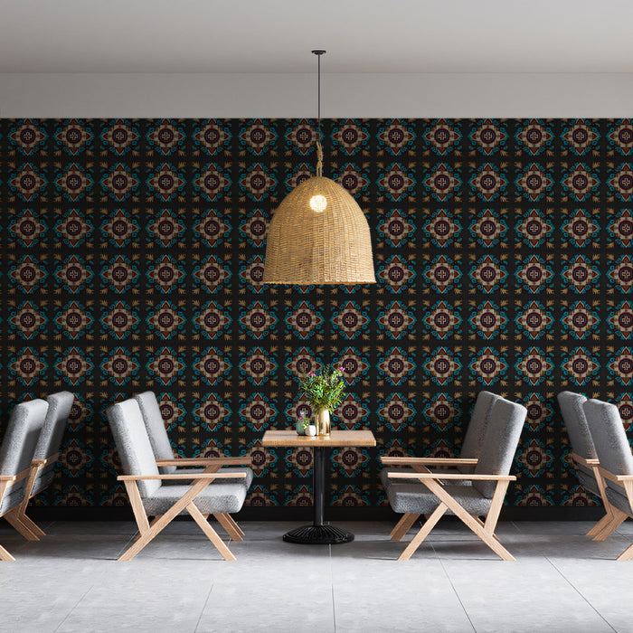 Horizontal Row Floral Geometric Mural Wallpaper | Repeating Print, Dark Backdrop, Traditional Motif Texture