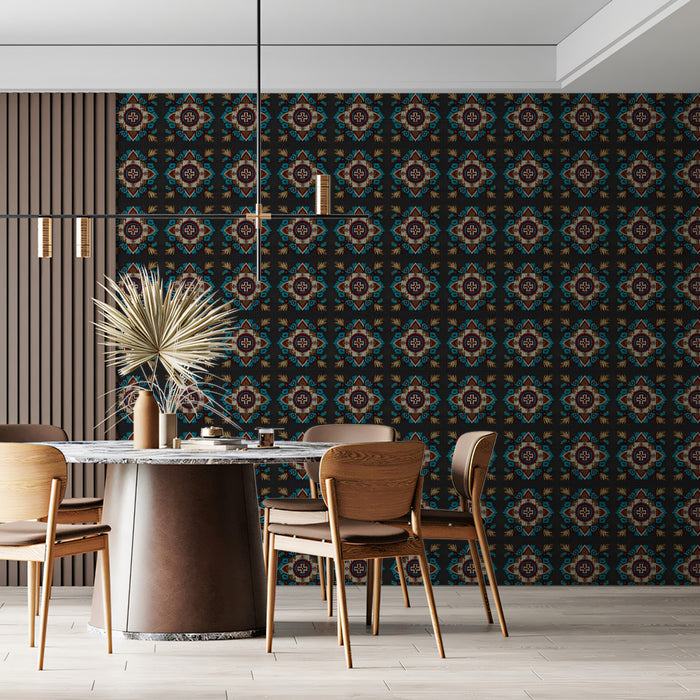 Horizontal Row Floral Geometric Mural Wallpaper | Repeating Print, Dark Backdrop, Traditional Motif Texture