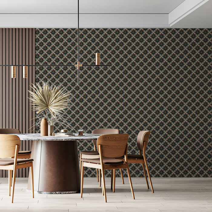 Micro Floral Geometric Lattice Mural Wallpaper | Repeating Print, Dark Monochrome, Dense Woven Texture