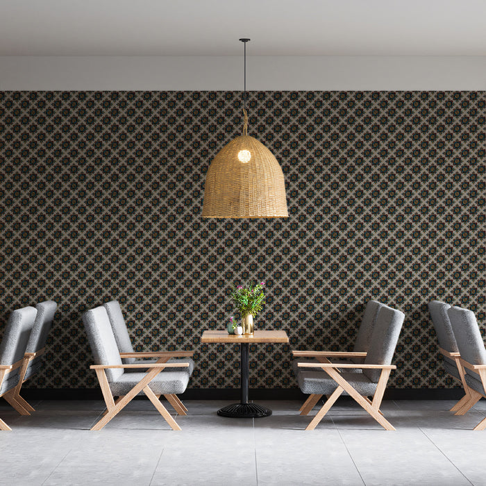 Micro Floral Geometric Lattice Mural Wallpaper | Repeating Print, Dark Monochrome, Dense Woven Texture